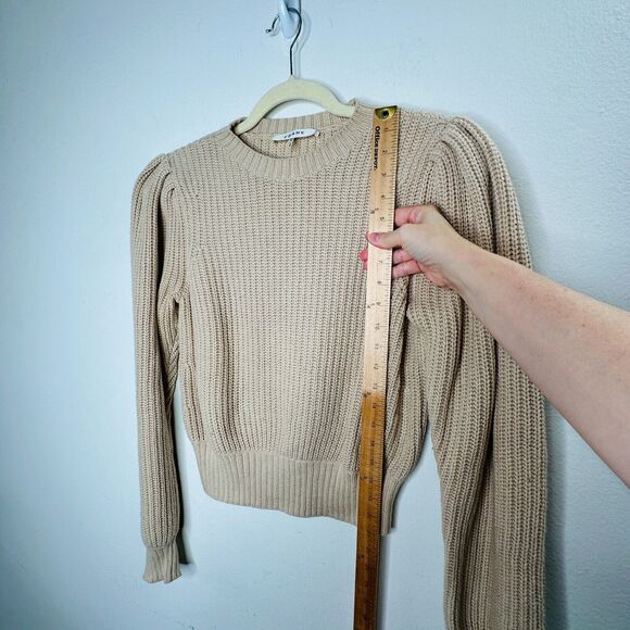 Frame Tan Ribbed Cable Knit Crew Neck Balloon Puff-Sleeve Banded Crop Sweater XS - Picture 12 of 12